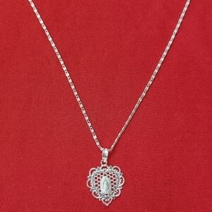 Elegant Heart Pendant Necklace 925 Sterling‎ Silver virgin mary Catholic Medal